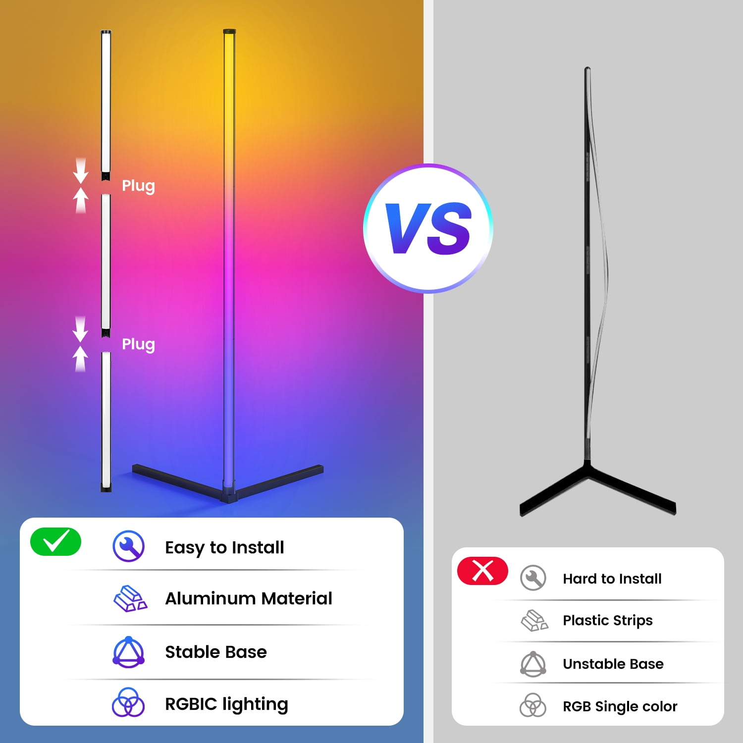 New Bee 49" Gaming APP and Remote Control Aluminum Alloy Corner Floor Lamp (2 Count)