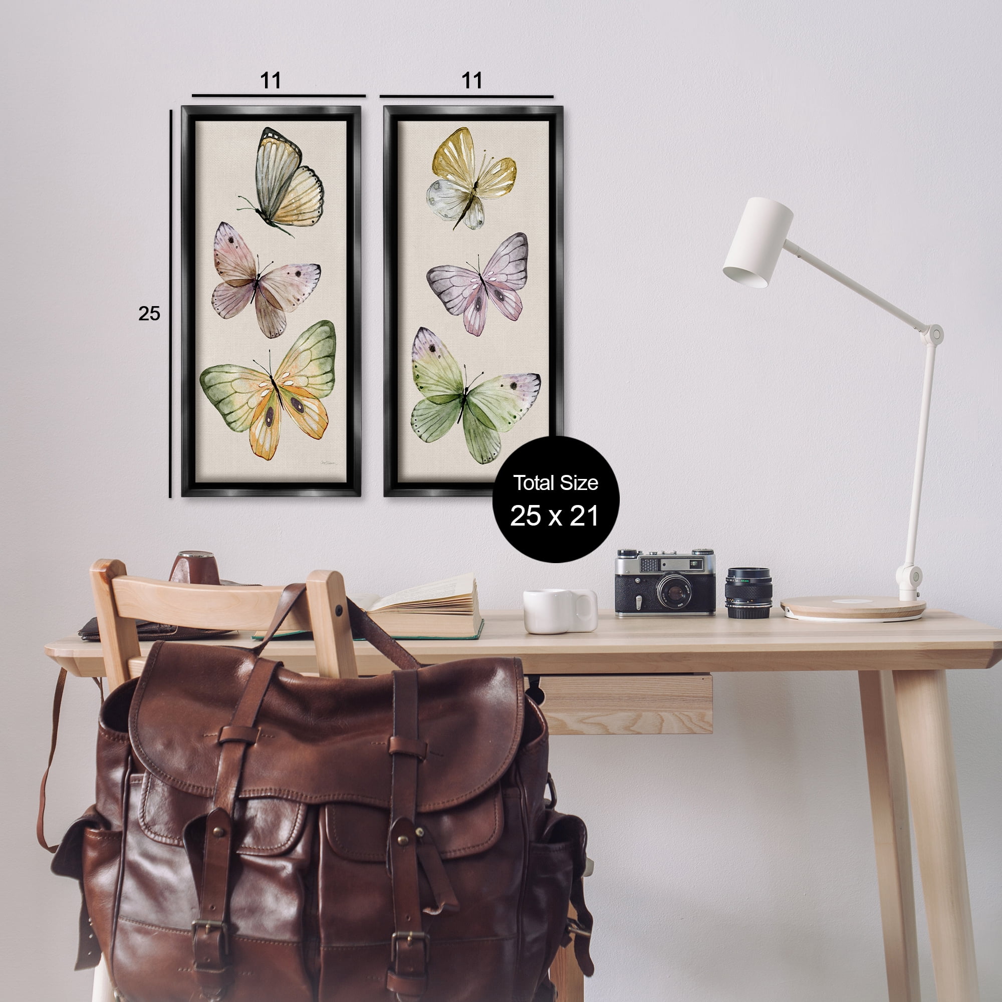 Stupell Industries Delicate Winged Butterfly Trio Animals Painting Black Floater Framed Canvas Art Print Wall Art, 11 x 25, Set of 2