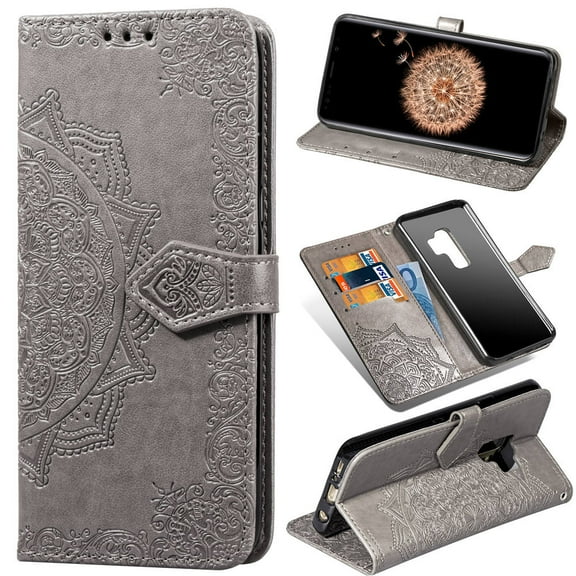 Galaxy S9 Plus Wallet Cases and Covers, Allytech Slim Premium PU Flip Stand Cover Mandala Embossed Full Body Protection with Card Holder Magnetic Closure for Samsung Galaxy S9 Plus, Gray