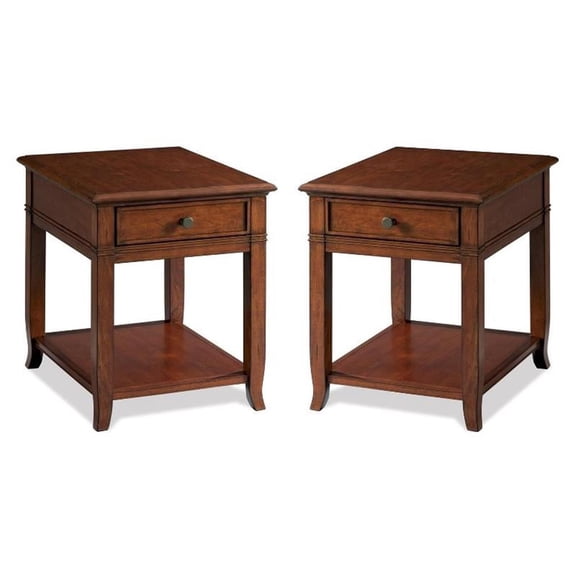 Home Square 1 Drawer End Table in Burnished Cherry Finish - Set of 2