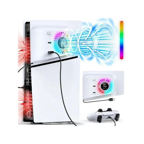 RGB Cooling Fan with Plate Cover for PS5 Slim Digital/Disc, Auto Speed Adjustable by Temperature Sensor, 3 Fan Speed Manual & USB3.0 Hubs, Cooler System Accessories for PS5 Slim Console