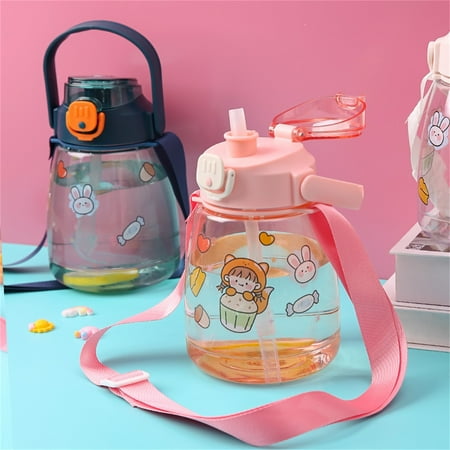

Water Bottle 44oz Big Belly Bottle with Shoulder Strap Large Capacity Transparent Flip-top Lid Straw Cup for Girls Boys Outdoor Travel