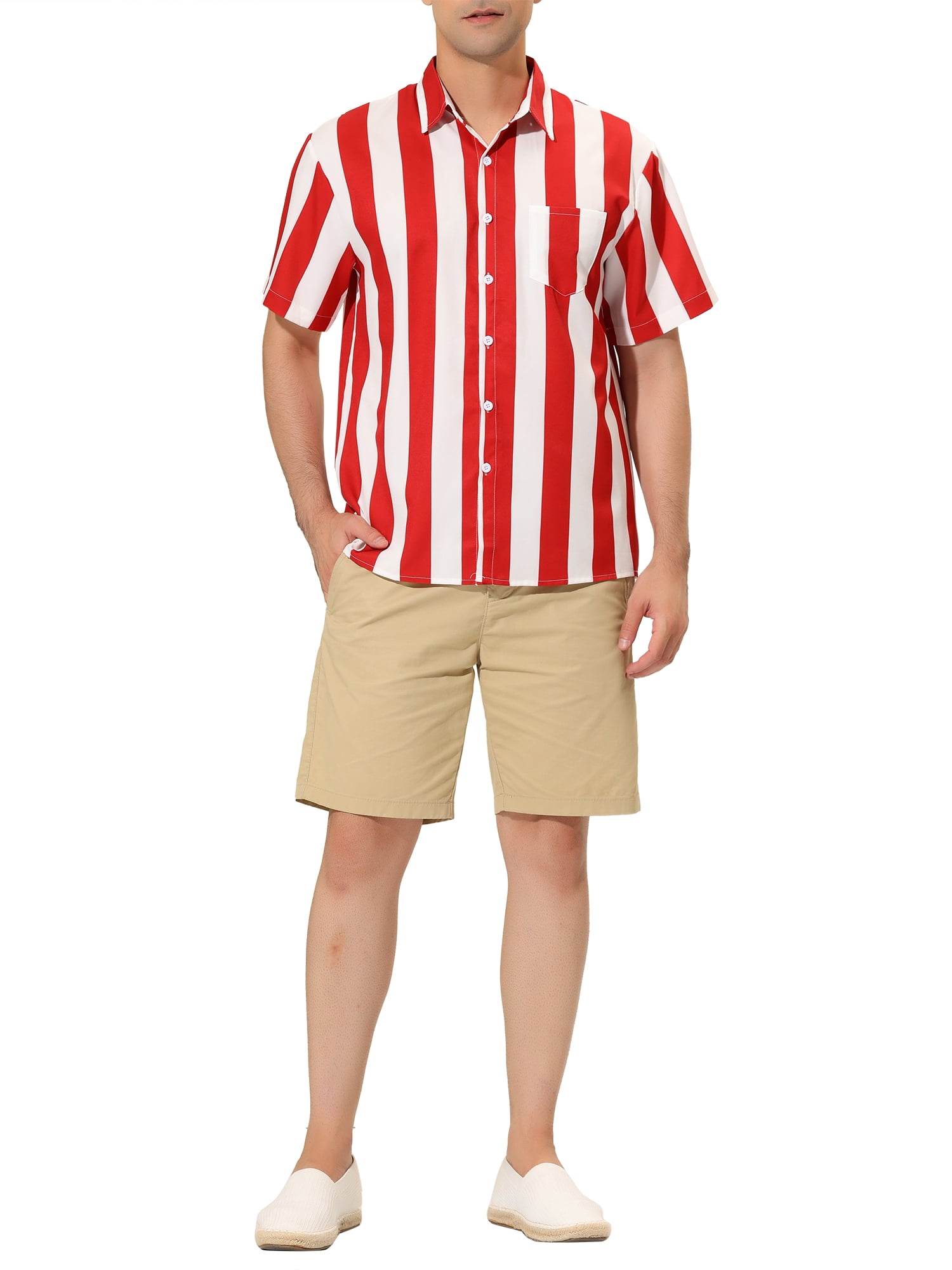 Unique Bargains Men's Striped Short Sleeves Button Down Print Shirt S Red White