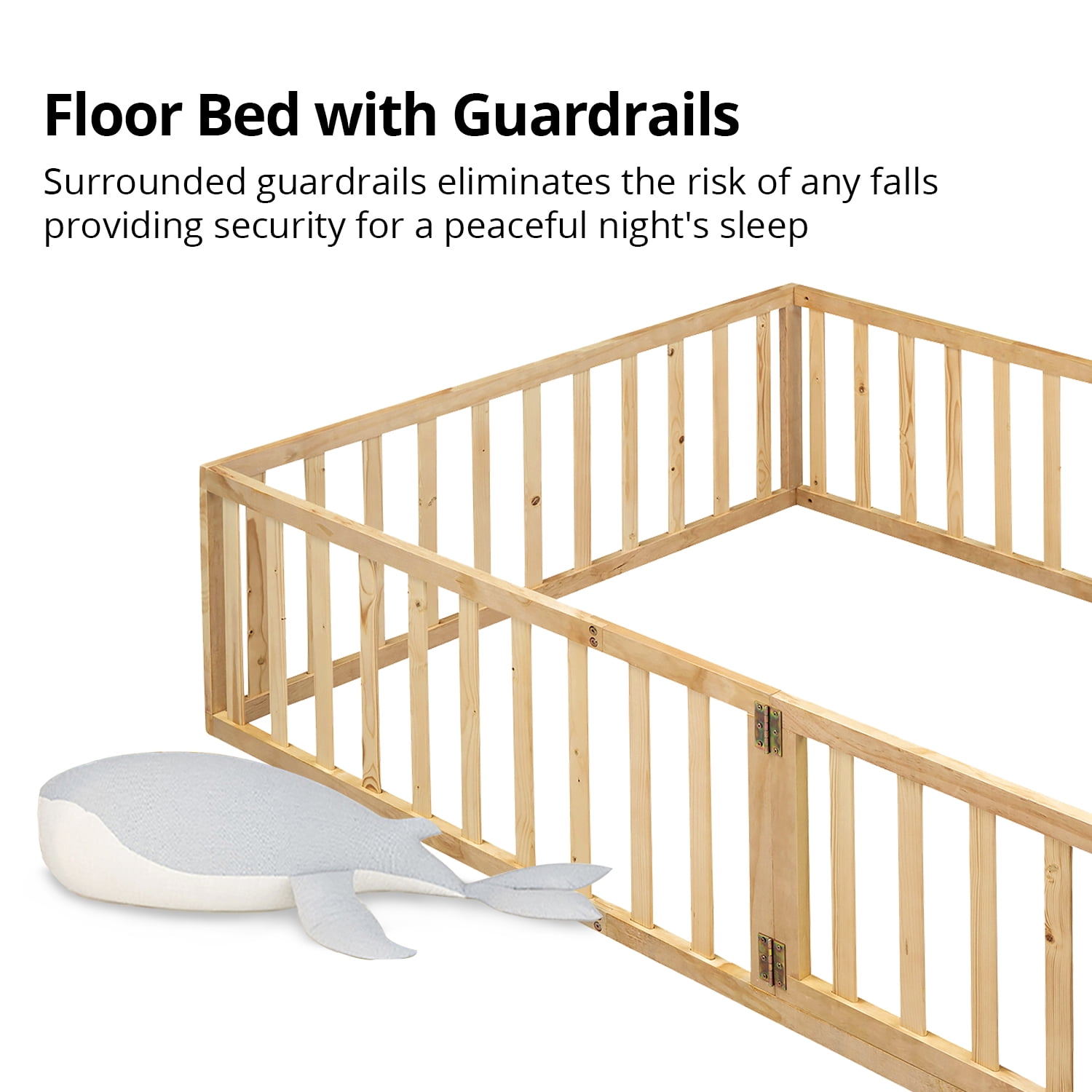 Full Size Floor Bed for Kids, Wood Full Montessori Bed Frame with Fence Guardrails and & Support Slats, Full Playhouse Bed with Door Design, Kids Fence Bed Playpen Bed for Boys ,Girls, Natural