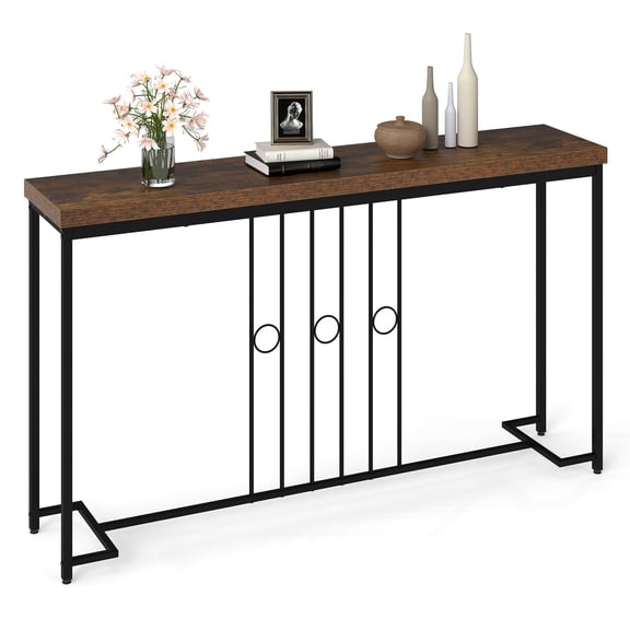 Industrial Console Table Rustic Brown Black 55x12 H-Base Narrow Entryway