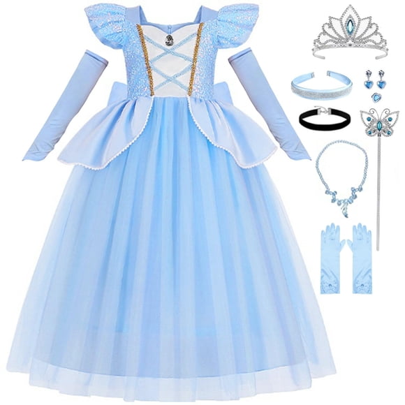 Luzlen Cinderella Costume for Girls Kids Blue Princess Dress with Accessories Halloween Birthday Party Outfits, 4-5T(Tag 120)