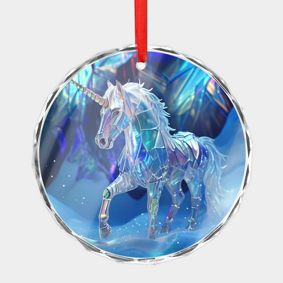 Crystal Glass Christmas Ornament Unicorn with a Gold Horn Blue Snow Stained Glass Style (Flat Design, Not Raised) Unicorns Lover Holiday Ornaments for Xmas Tree