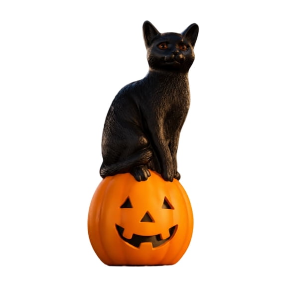 Black Cat on Pumpkin Halloween Decor Figurine, Scary Cat Pumpkin Statue for Home Decor, Tabletop Shelf Mantel Decoration