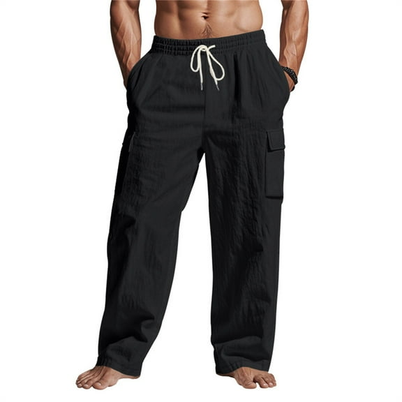 ADSSDQ Mens Baggy Cargo Cotton Linen Pants Wide Leg Loose Fit Drawstring Sweatpants Elastic Waist Open Bottom Casual Pants with Pockets Black 2XL