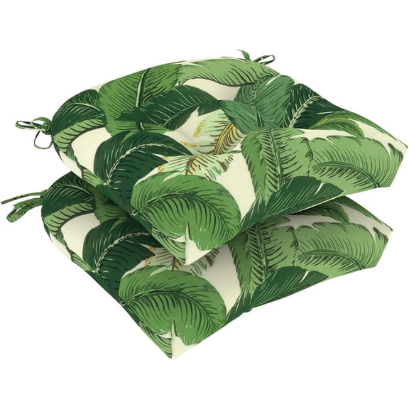 Set of 2 Outdoor Tufted Chair Cushions 19"x19"x4", Water Repellent Patio Seat Cushions with Ties, Replacement Chair Pads for Wicker Dining and Patio Furniture - Swaying Palms Green
