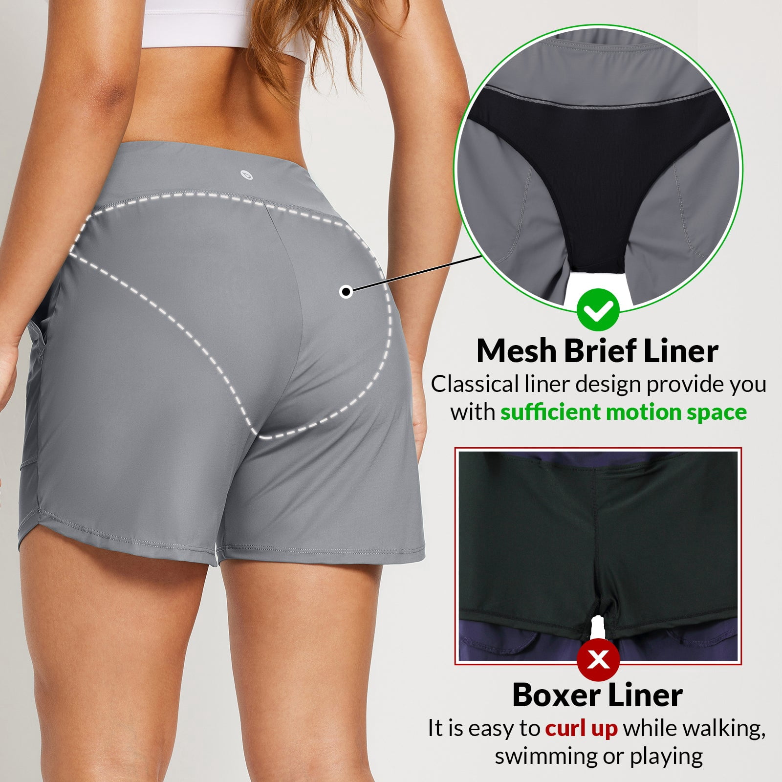 baleaf Women's Swim Board Shorts 5 inch Swimming Bottoms High Waisted Tummy Control Swimsuits Beach Shorts with Liner Dark Gray 2XL