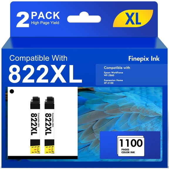 2 Pack 822 XL Ink Cartridges Compatible for Epson 822XL 822 Black Printer Ink for WorkForce Pro WF-3820 WF-4820 WF-4830 WF-4833 WF-4834 WF-3823 (2 x Black)