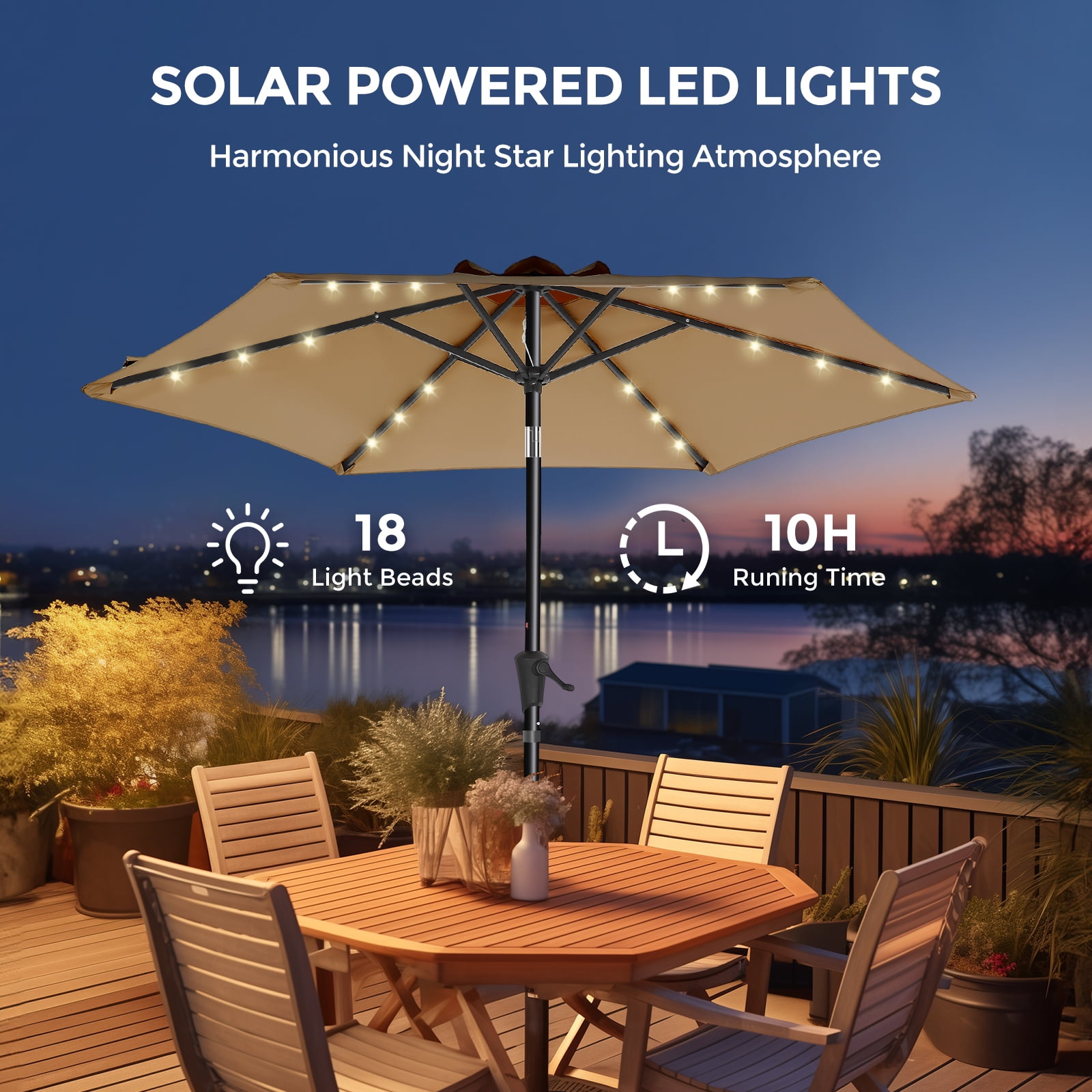 7.5ft Solar Polyester 18 LED Lighted Patio Umbrella with Tilt Adjustment and UV-Resistant Fabric,for Garden,Deck,Backyard,Pool and Beach