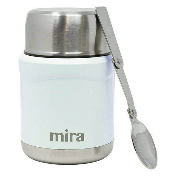 MIRA Thermos for Hot Food & Soup - 15 oz Insulated Food Jar with Foldable Spoon - Leak Proof Stainless Steel Thermal Storage Lunch Container, Canteen, Double Walled, Pearl Blue