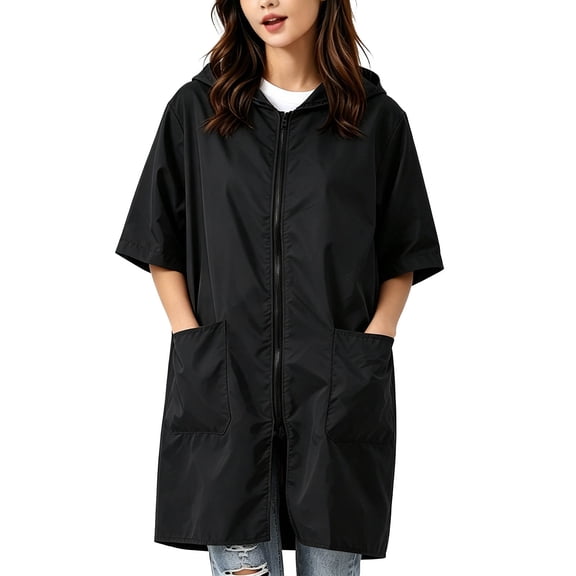 UTSJKR Women’s Short‑Sleeve Hooded Zip‑Up Rain Coat with Side Pockets Mid‑Length Lightweight Outerwear for Daily Commute Rainy Weather Use Black XXXL