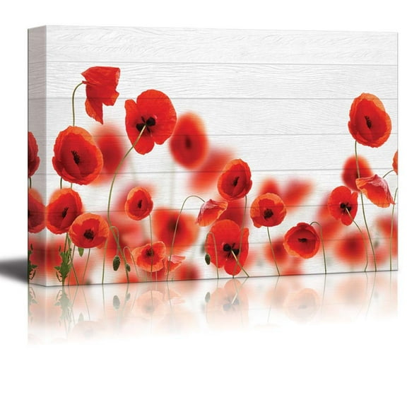 wall26 - Red Poppy Field Over White Wood Panels - Canvas Art Home Art - 32x48 inches