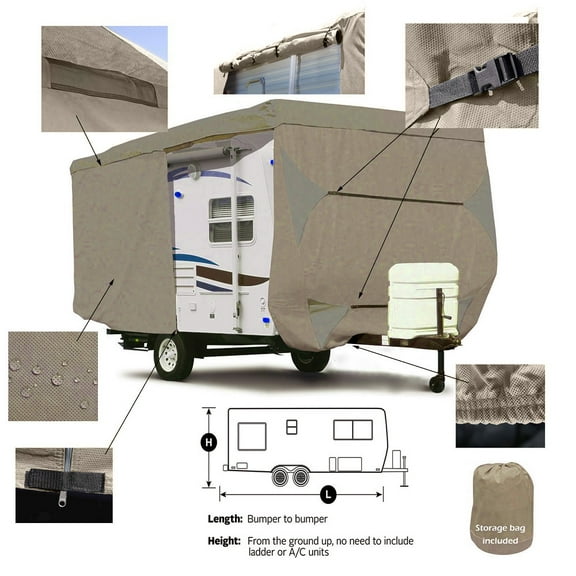 Seamander Travel Trailer RV Cover, Beige(A), 4-Ply, Windproof Straps RV Cover Fits 14'-35'