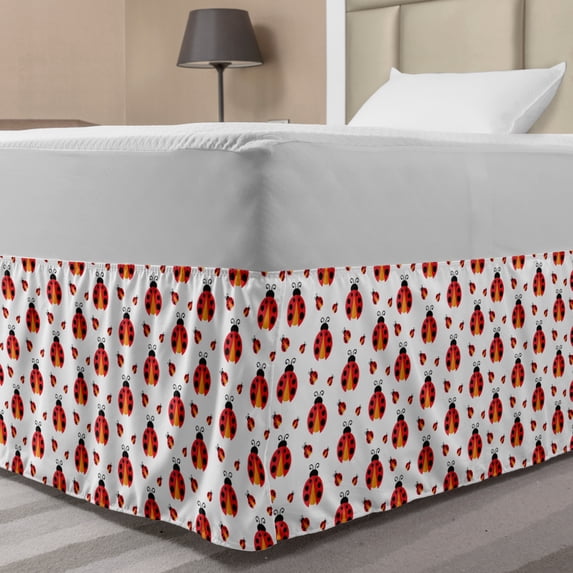 Ladybug Bed Skirt, Flat Design Insects Ladybug in Repeating Composition Print, Elastic Bedskirt Dust Ruffle Wrap Around for Bedding Decor, 4 Sizes, Vermilion Orange, by Ambesonne