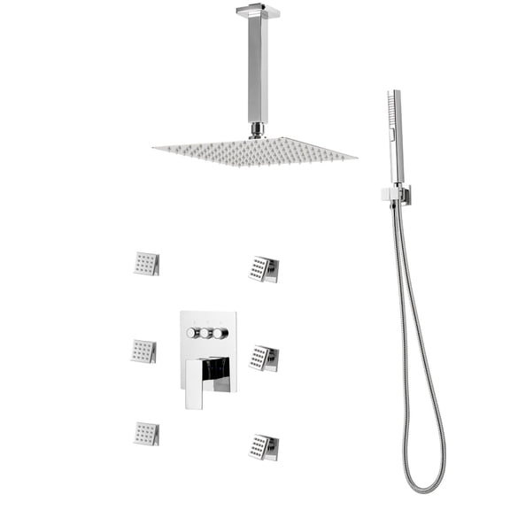 KFFKFF Shower Faucet Set with 10-Inch Ceiling-Mounted Rainfall Showerhead, 6 Body Jets, and 2-in-1 Handheld Sprayer, Rotatable 3-Function Rain Head System, Includes Brass Valve and Trim Kit