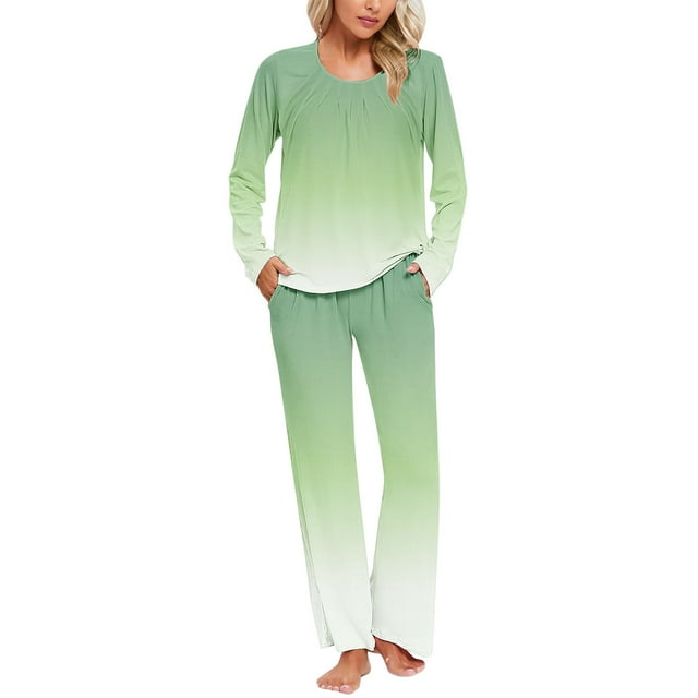 cfhntfmh Ensembles de Pyjama pour Femmes à la Mode Imprimés Col Rond Plissé Manches Longues Chemises 2 Pcs Pantalons de Détente Vêtements de Nuit Ensembles de Pyjamas