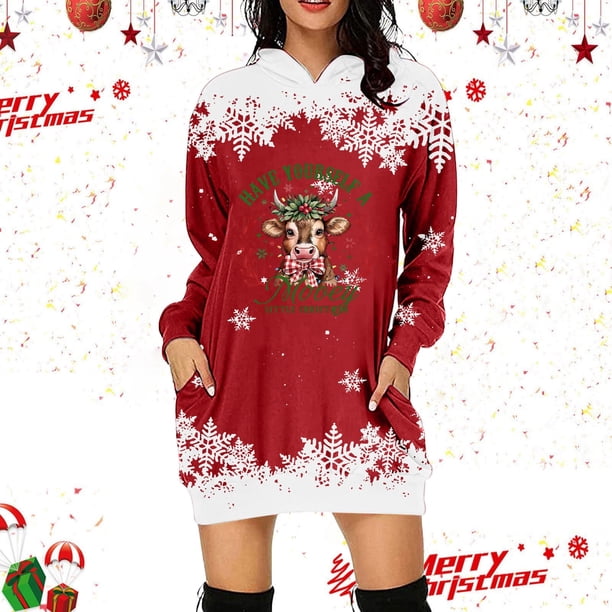 WILLBEST Vestido Casual Para Mujer Vestido Con Capucha Con Estampado Navideño De Vaca Para Mujer