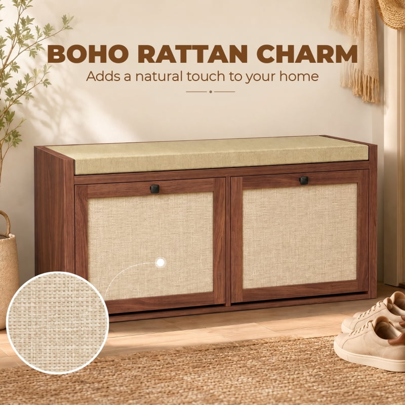 Alvantor Shoe Storage Bench with Rattan Doors & Padded Seat for Entryway 42.5"x13.8"x19.7" Brown