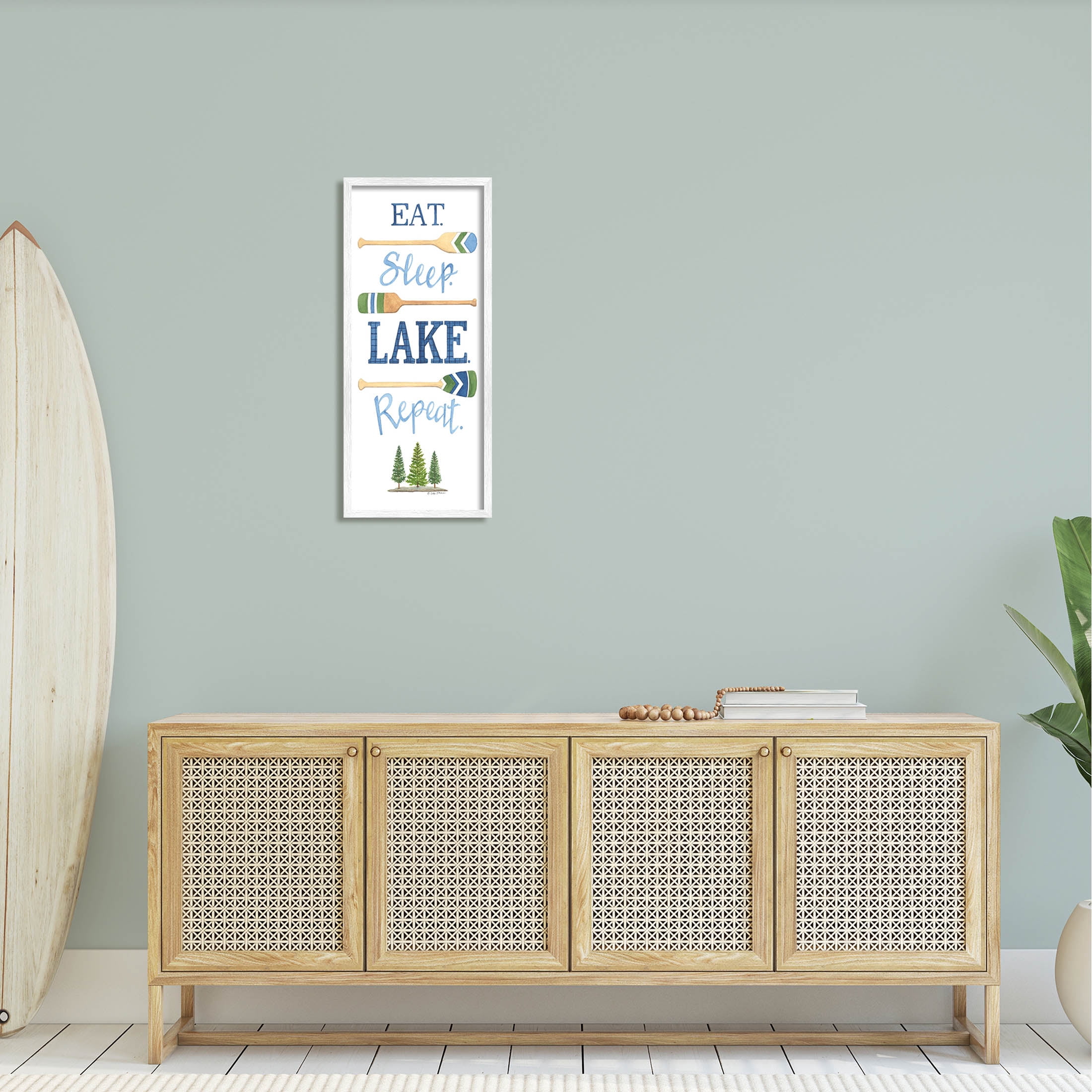 Eat Sleep Lake Repeat Oars Phrase Inspirational Graphic Art White Framed Art Print Wall Art