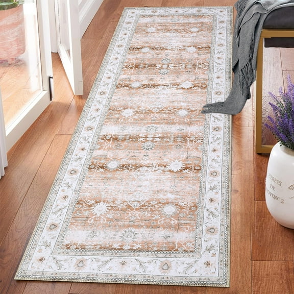 Haperlare 2x10 Vintage Printed Runner Rug Boho Rug, Machine Washable Non Slip Rug Low Pile Indoor Floor Carpet for Hallway Bedrooms Home Decor, Light Brown