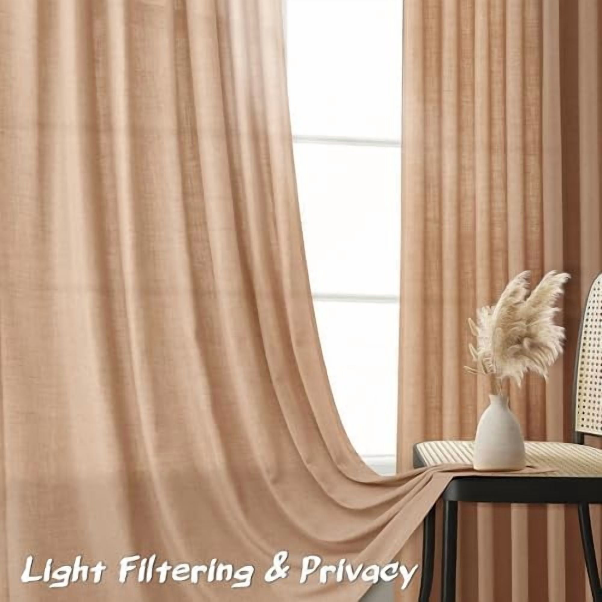 Camel Brown Linen Semi Sheer Curtains 90 Inches Length Light Filtering Neutral Farmhouse Boho Rod Pocket Back Tab Hook Belt Clip Rings Window Drapes for Bedroom Living Room 2 Panels 52x90