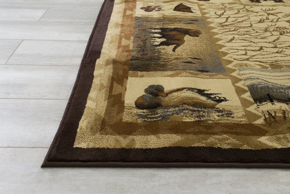 Lodge, Cabin Hunting Accent Area Rug - Modern Geometric Design Cabin Area Rug - Abstract, Multicolor Design- Hunting Dogs/Duck/Magnifier