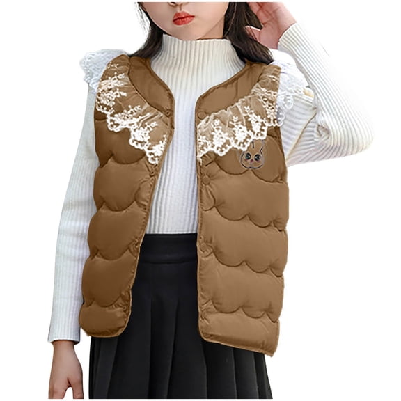 Babcutegg Kid Girls Puffer Vests Casual Fashion Warmth Warmer Lace with Button Fall and Winter Jackets for Girls Coffee Size 3