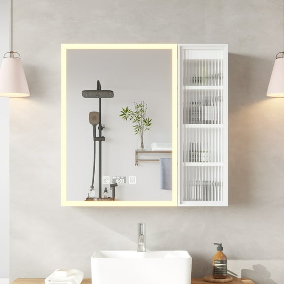 Ktaxon 20"   8.5'' x 28" LED Mirror Cabinet with 4 Shelves, Time/Temp Display, 3-Color Dimming, Power-off Memory, EU Outlets & Storage, White Acrylic Framed
