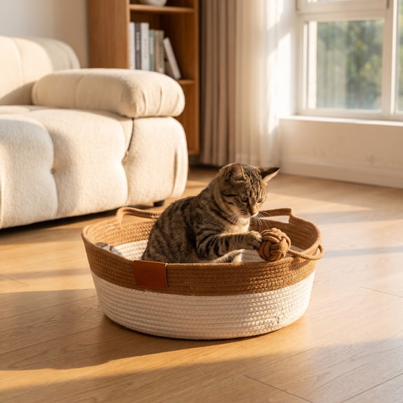 Large Diameter 18.9in Instinct Basket for Cats – Handwoven Round Pet Bed with Toy Ball, Breathable (Brown)
