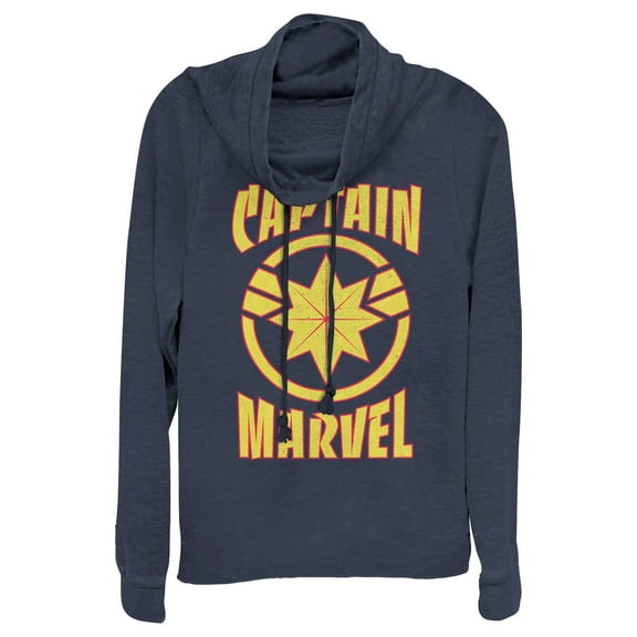 Junior's Marvel Captain Marvel Star Symbol Shield  Cowl Neck Sweatshirt Navy Blue X Small