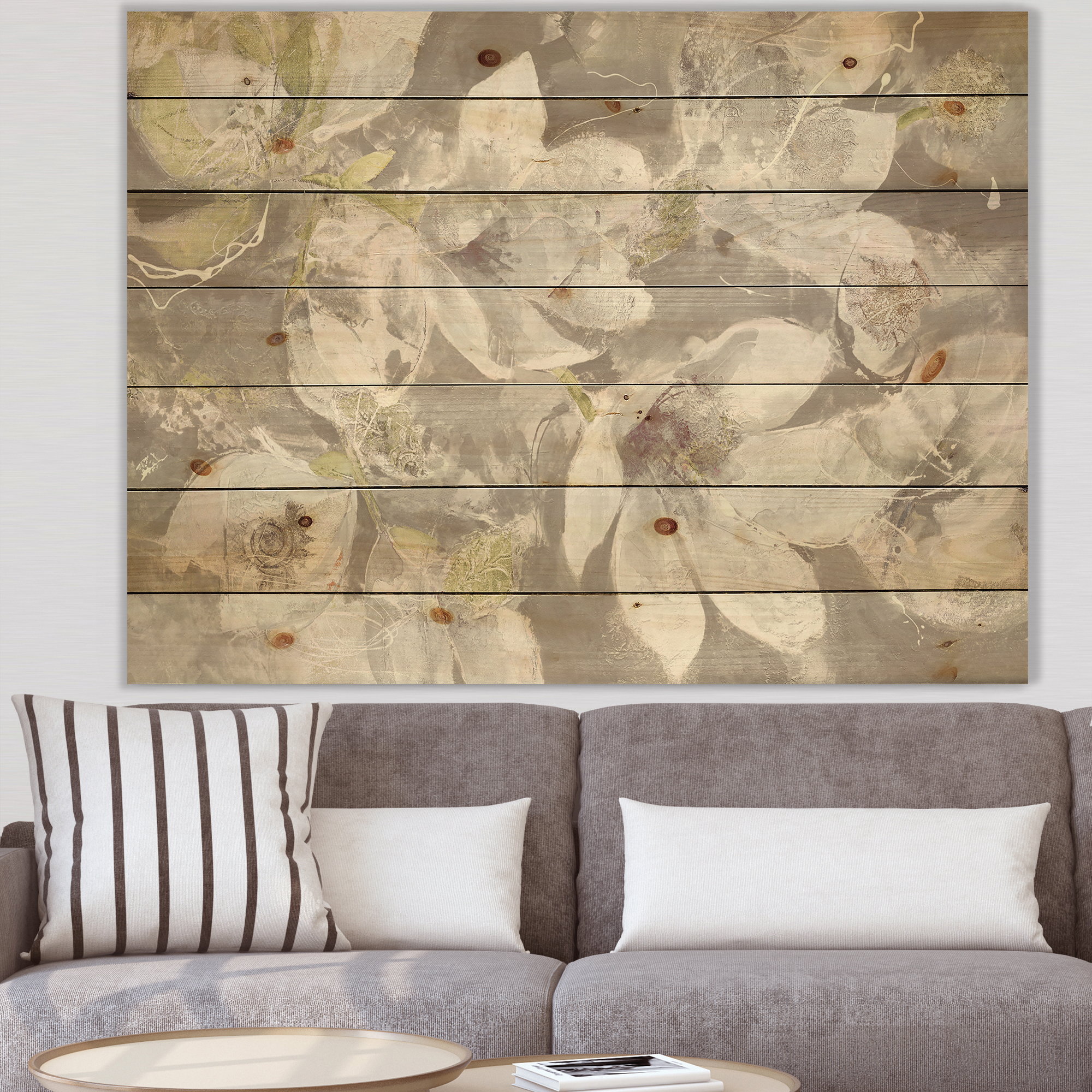 Designart 'Beige And Brown Blossiming Flowers' Farmhouse Print on Natural Pine Wood