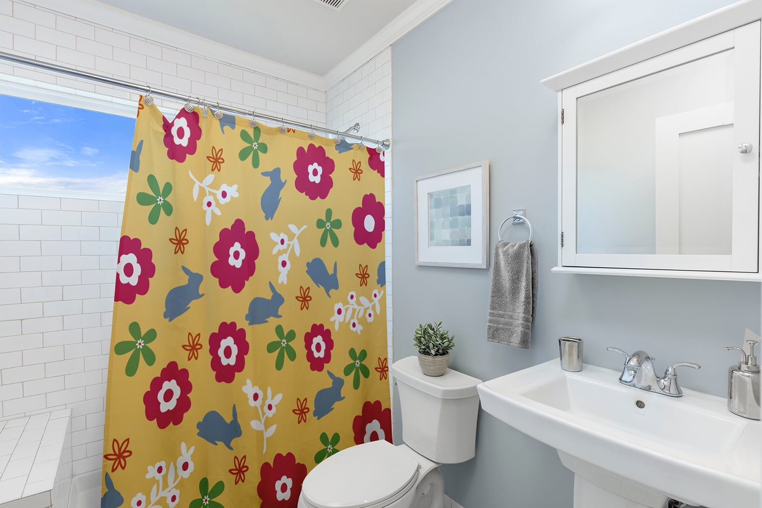 Simply Daisy 70" W x 73" L Flowery Love with Bunnies Polyester Shower Curtain, Daffodil Yellow-Blue [1 Ct]