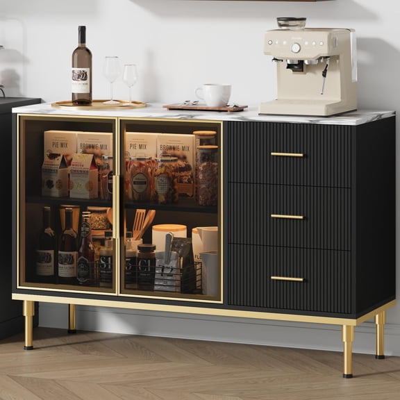 Roromall Modern Fluted Buffet Sideboard Cabinet with Faux Marble Top, Large Storage Cabinet with 2 Glass Doors, 3 Drawers & Adjustable Shelves, for Living Room, Kitchen, Dining Room