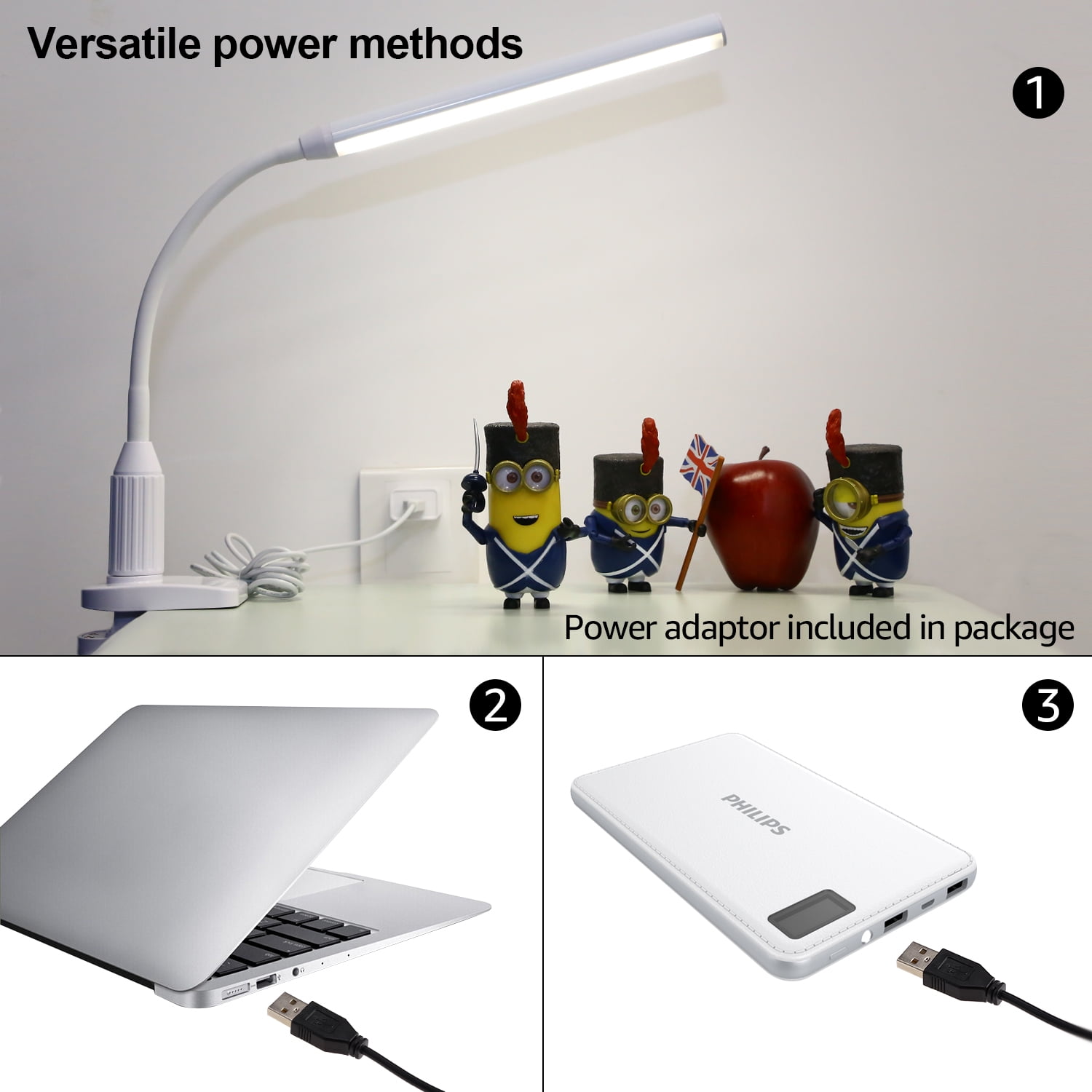 TORCHSTAR 5W Dimmable Flexible Study Clamp Desk Lamp, 26 LEDs Eye-Care Touch Sensitive Light with Memory Function, 4000K Cool White, USB Powered, ETL-Listed Power Adapter, 30,000hrs Lifespan，White