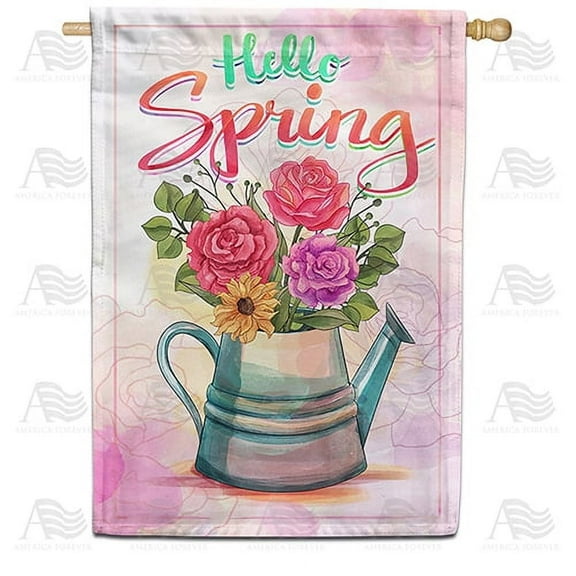 America Forever Spring Floral House Flag 28 x 40 inches Double Sided Watering Can, Summer Flowers, Rose, Sunflower - Seasonal Yard Lawn Outdoor Decorative Hello Spring House Flag
