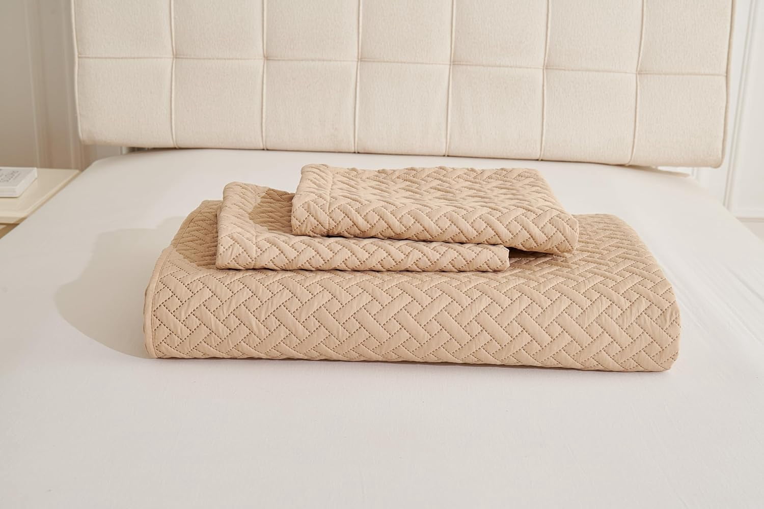 Legacy Decor Bedspread Coverlet 3 Pcs Set Oversized 118" W x 106" L King Size Beige Color