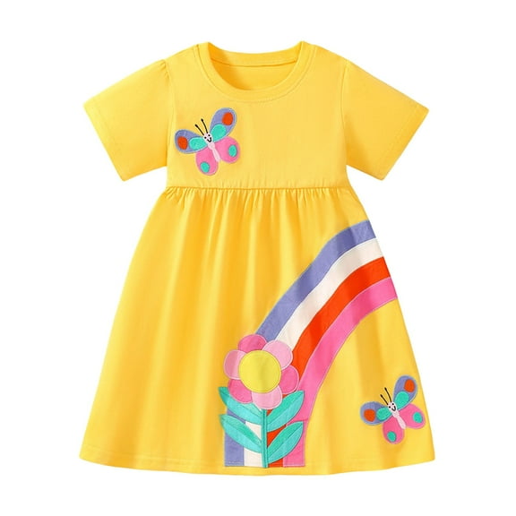 RUTAYY Children Girls Dress Casual Short Sleeve Sunflower Rainbow Print Dress Comfortable Casual Chic Dress, Yellow, 5-6 Years