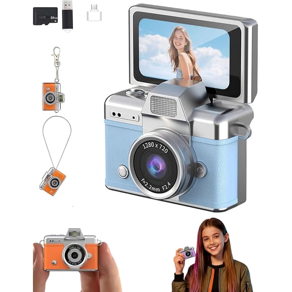 Mini Digital Camera with 1.47 in LCD Screen, 1080P Flip Screen Mini Camera with Built-in Flash & Flip Display, Free 64GB Memory Card, Portable Keychain Camera for Travel & Daily Use (Blue)