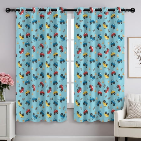 Monster Cartoon Truck Blue Pattern Blackout Curtains Triple Weaved Fabric Thermal Insulated Room Darkening Grommet Top 2 Panels 52x84in(132x213cm)