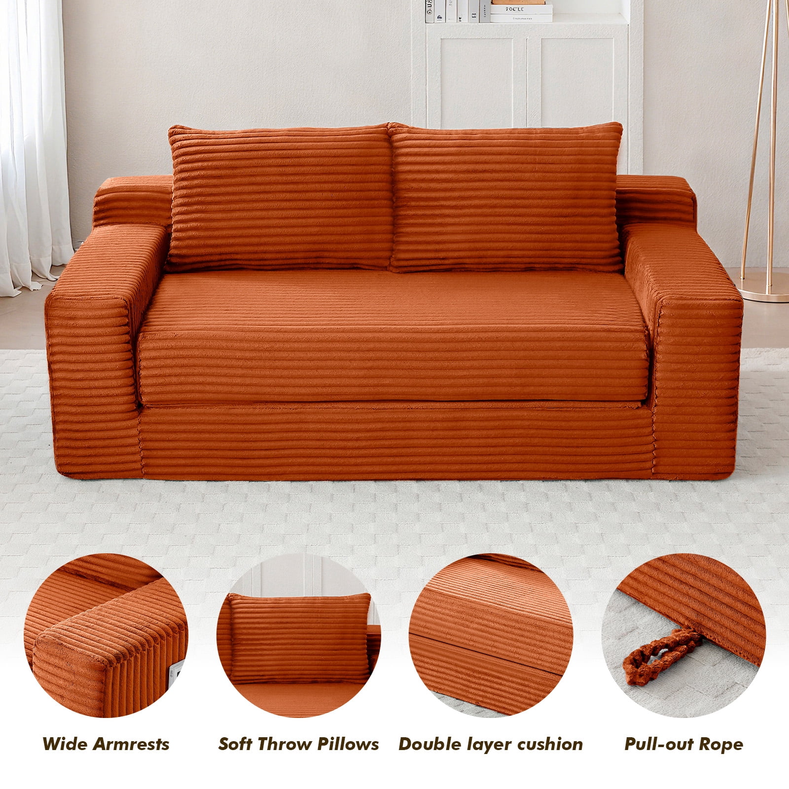 Memory Foam Cloud Sofa Bed 2-in-1 Couches No Assembly Corduroy Small Space Apartment Living Room,orange