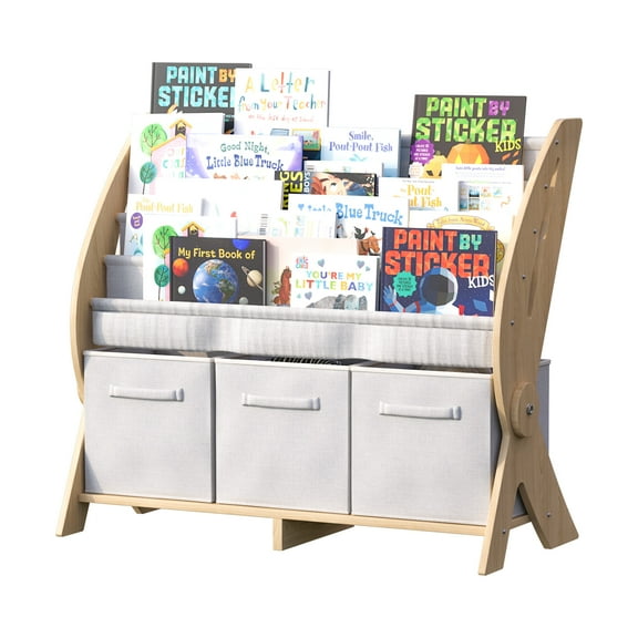 Hironpal Kids Wooden Sling Bookshelf - Toy Storage Organizer with 3 Fabric Cube Bins for Playroom, Bedroom, Nursery & School