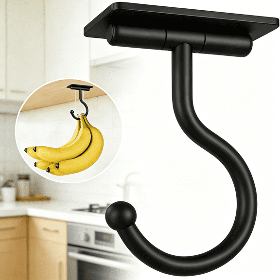 ZHZFKQ under Cabinet Banana Hook Adhesive-Sticky Banana Hanger under Counter,Sturdy Metal Banana Holder for Hanging Bananas Or Kitchen Utensil,Banana Saver,Keeps Bananas Fresh,Black
