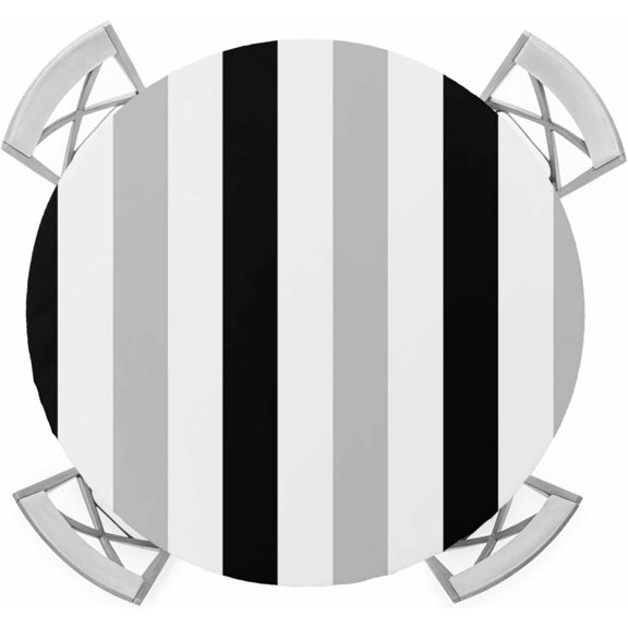 Black Grey Stripe Round Fitted Tablecloth with Elastic Edge, Modern Farmhouse Vertical Striped Waterproof Table Cloth Table Cover for 36-44 Tables, Tablecloths for Dining Picnic Indoor Outdoor