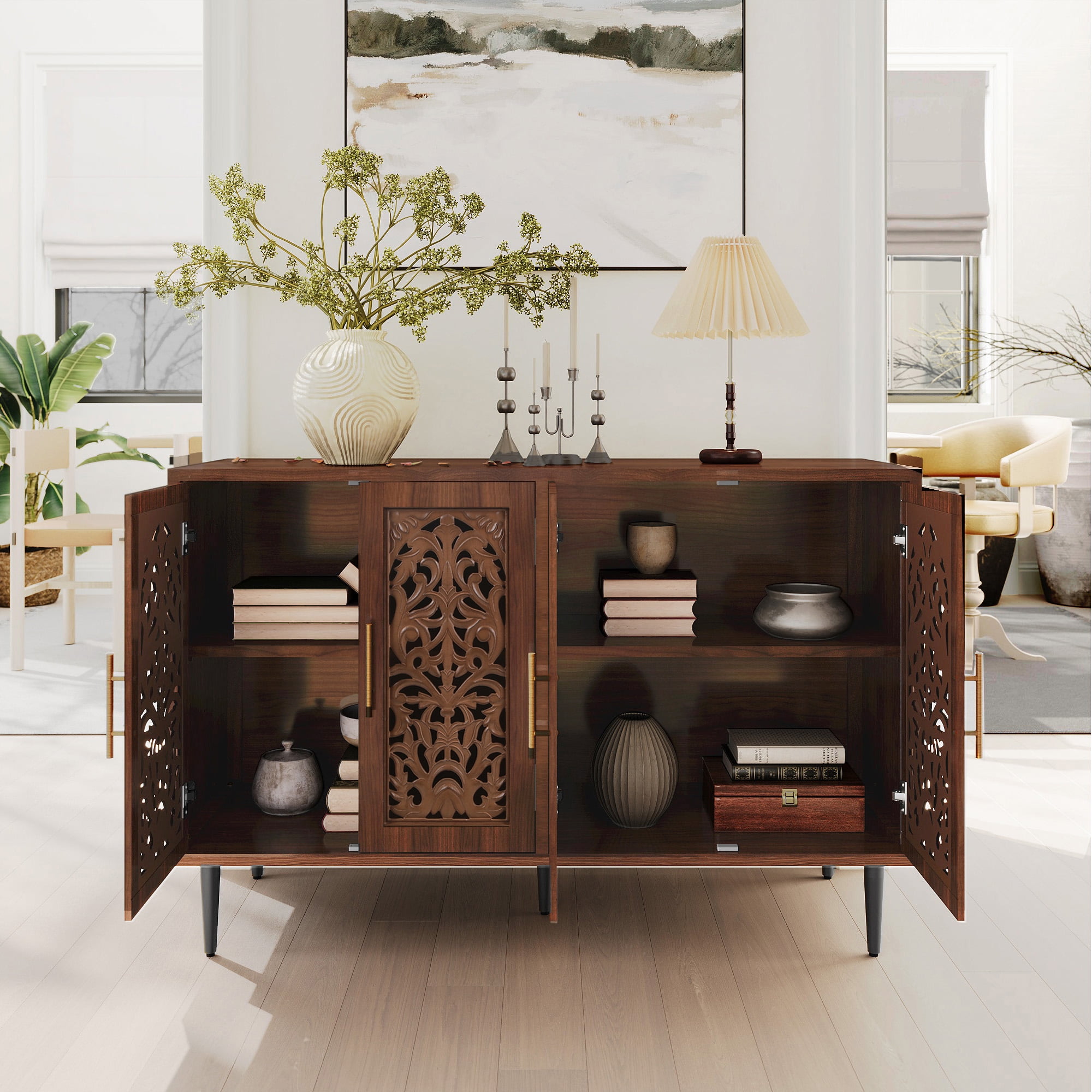 HLR 48 Accent Cabinet 4 Doors Vintage Hollow Carving Storage Credenza Sideboards Buffets Cabinet Living Room Kitchen Dining Room Entryway Brown