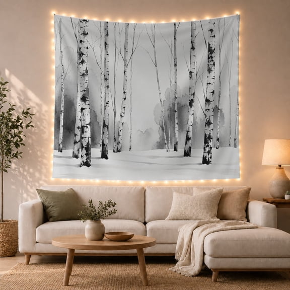 Birch Forest in Winter Snow with Misty Atmosphere, Serene Watercolor for Nature Lovers, Monochromatic Woodland Art, Housewarming Gift, Tapestry Wall Hanging for Bedroom and Living Room
