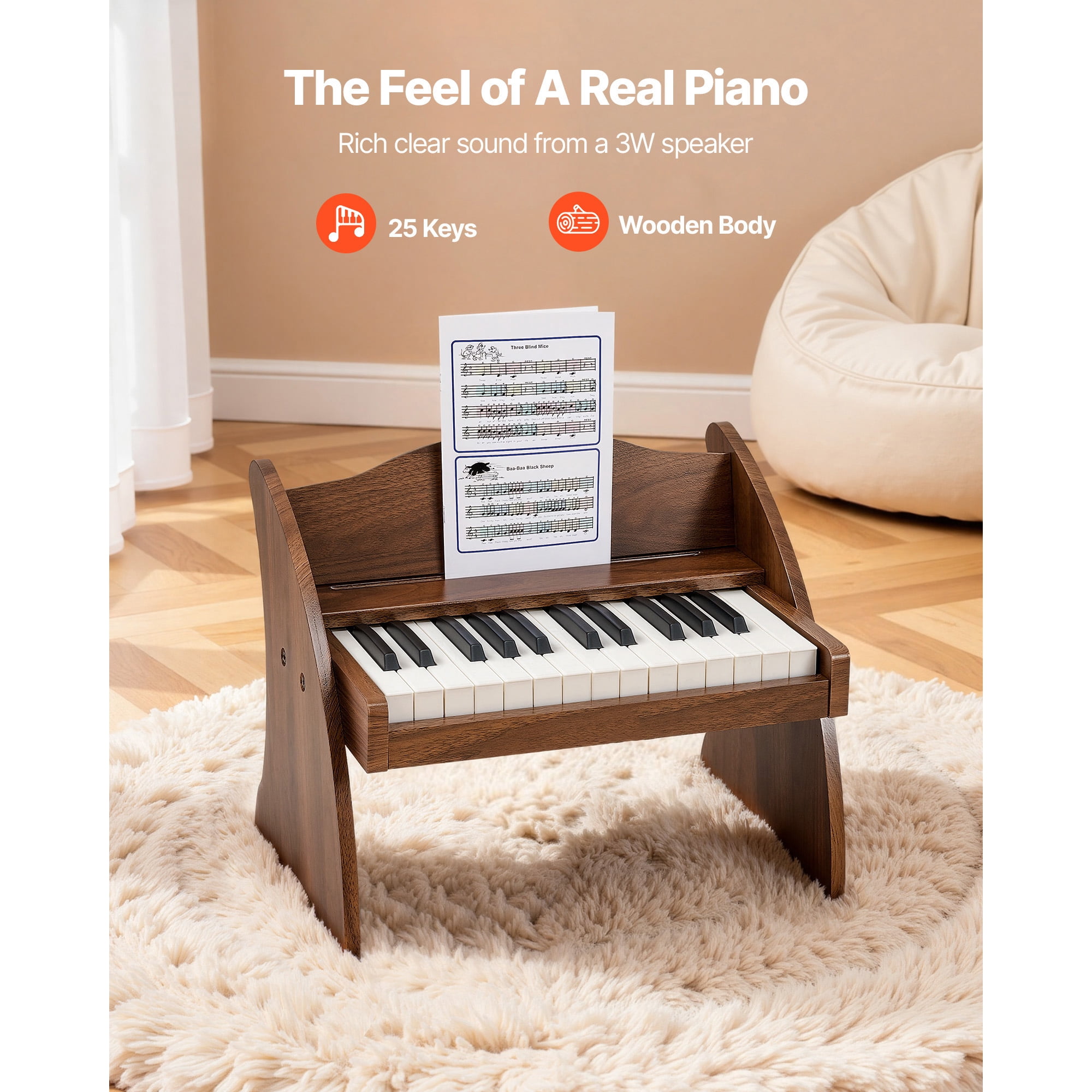 KFFKFF 25-Key Wooden Digital Piano for Kids, Mini Educational Music Instrument with Realistic Sound, Dual Power Options, Adjustable Volume, Ideal for Toddlers and Children, Walnut Finish